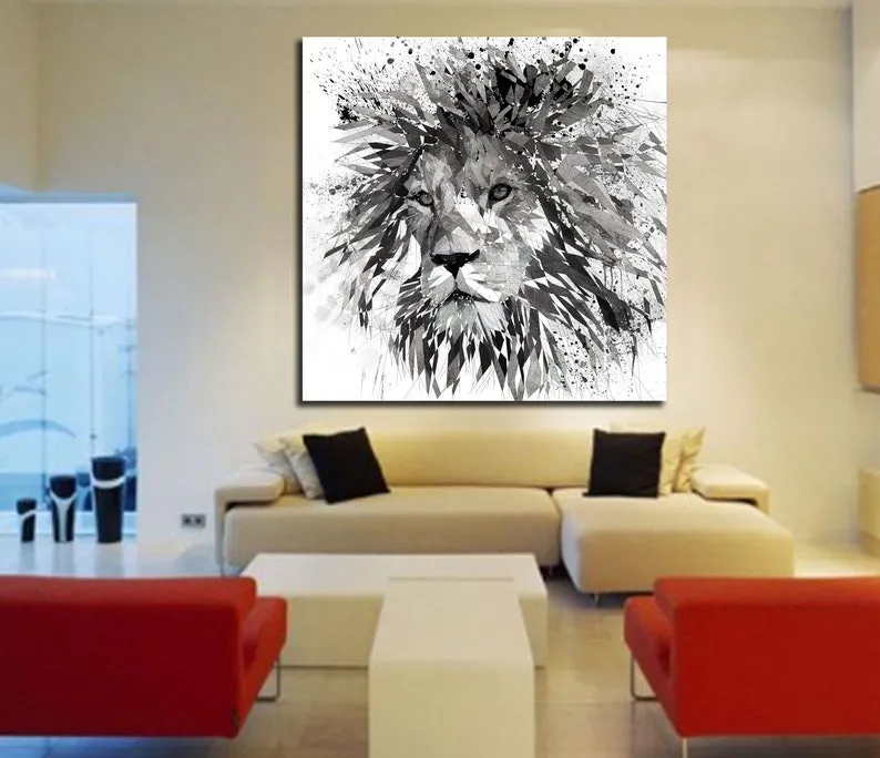 Abstract Contemporary Canvas Wall Art Lion Black & White // ZOO-LI03
