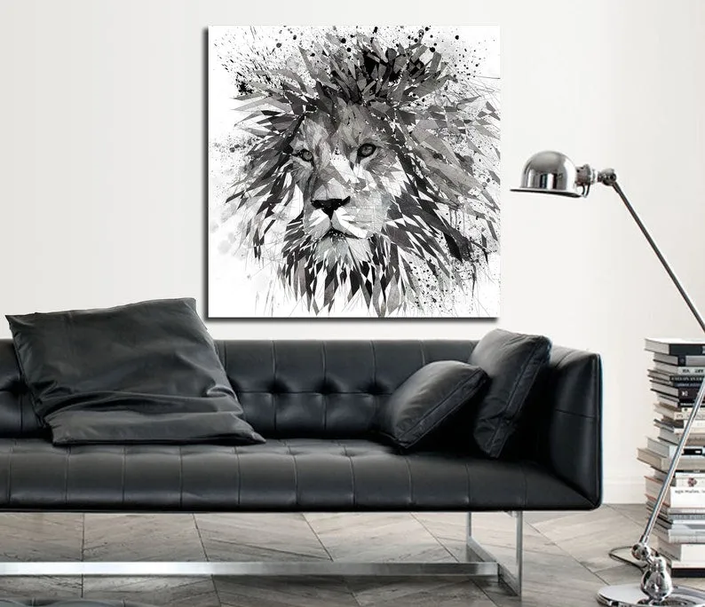 Abstract Contemporary Canvas Wall Art Lion Black & White // ZOO-LI03