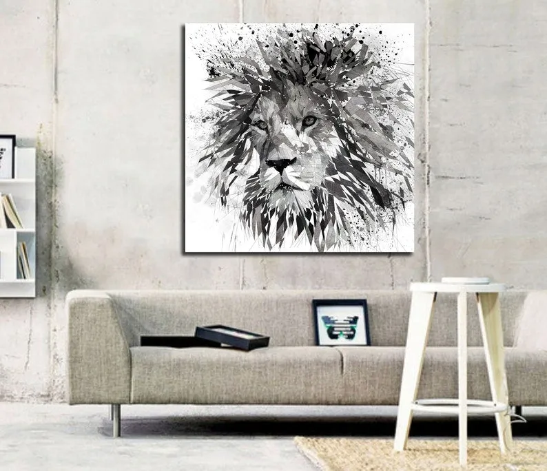 Abstract Contemporary Canvas Wall Art Lion Black & White // ZOO-LI03