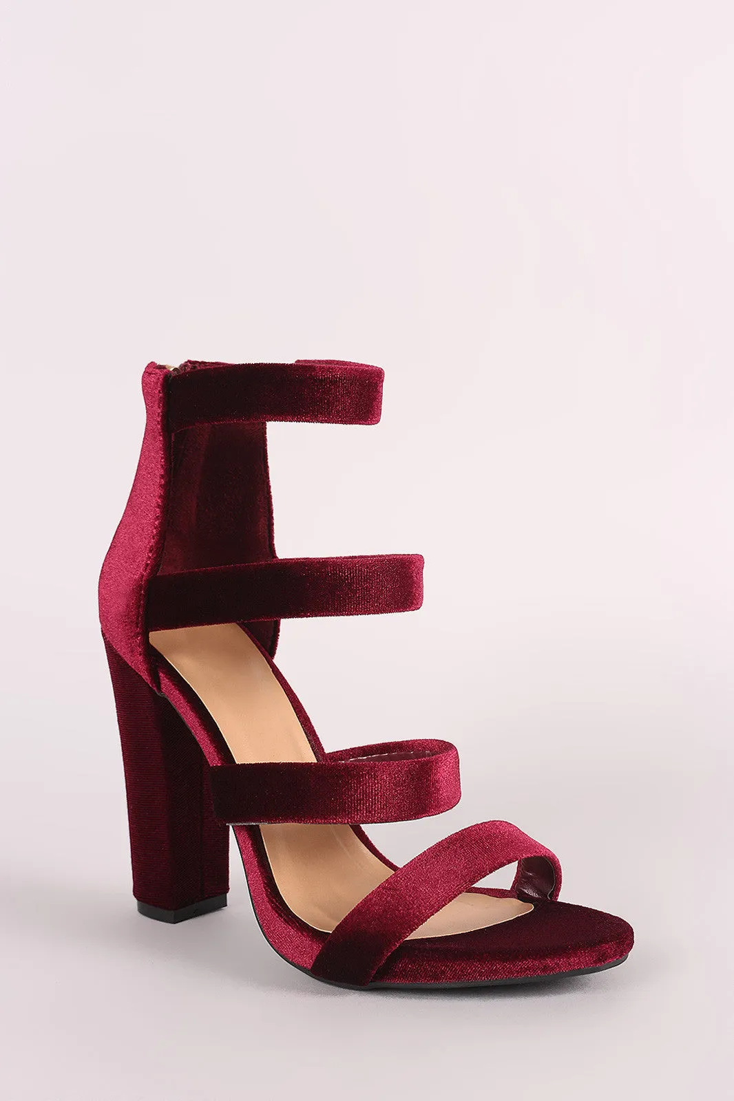 Bamboo Strappy Velvet Ladder-Up Chunky Heel