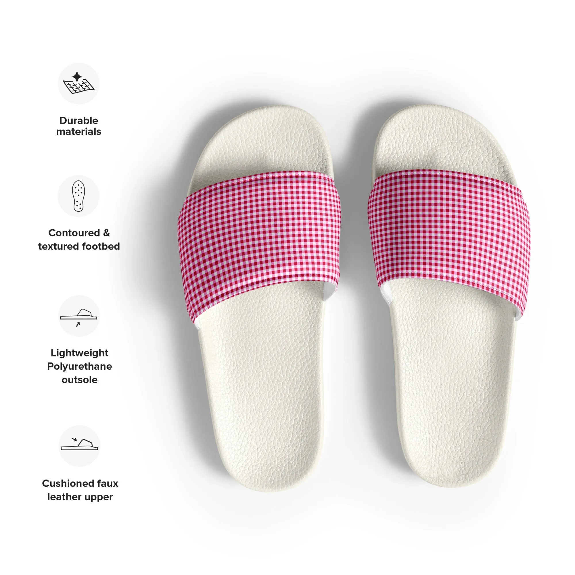 Cherry Red and White Gingham Check Women’s Slide Sandals
