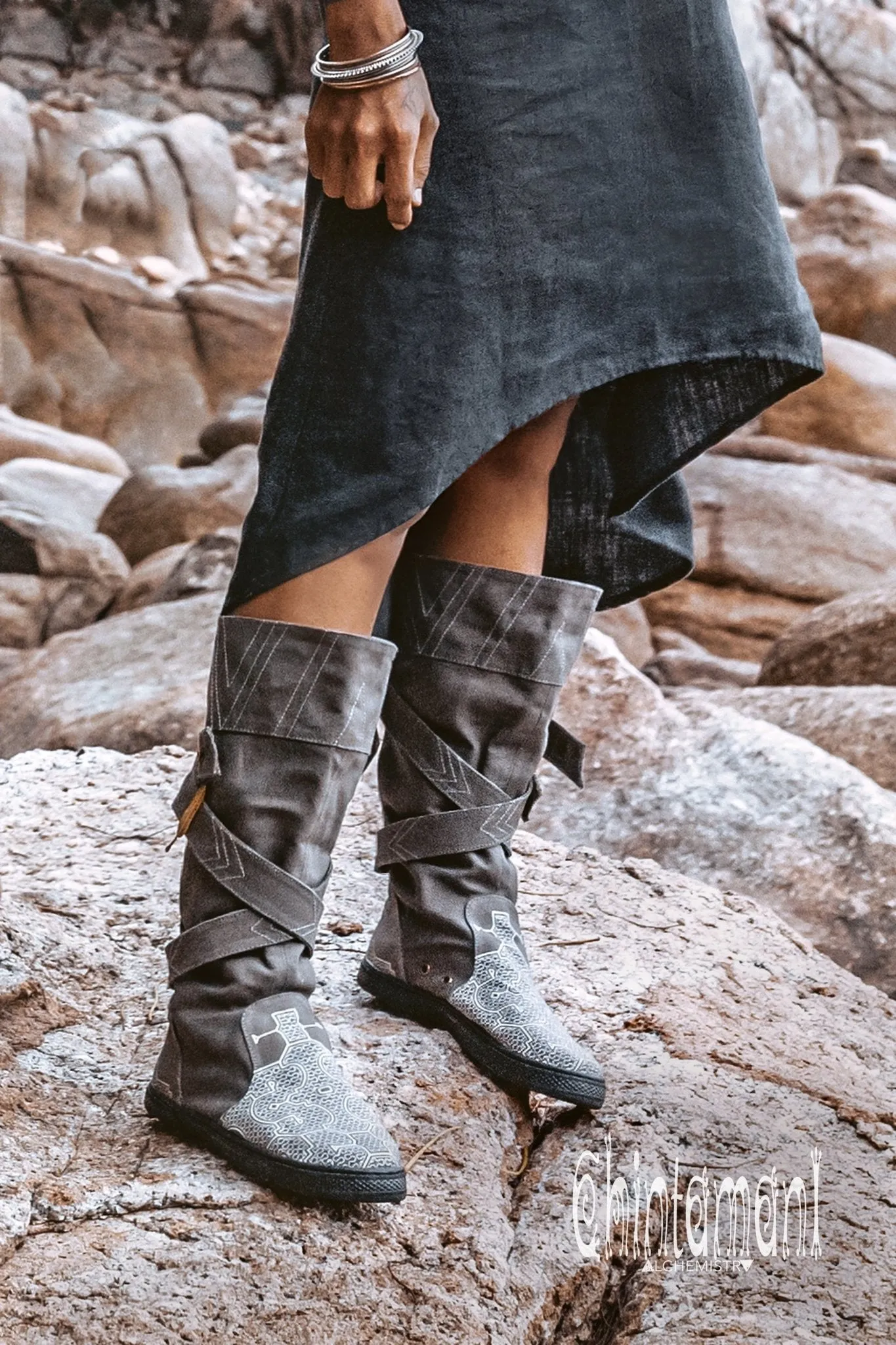Cotton Canvas Vegan High Boots for Women / Grey