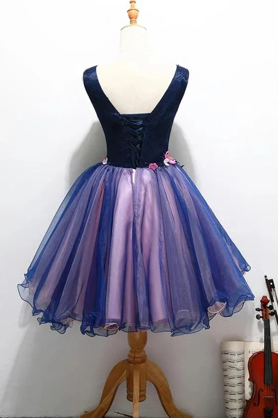 Cute V Neck Unique Flowers Homecoming Dresses with Beading, Sweet 16 Dress UQ2156