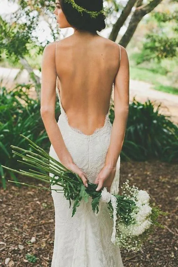 Elegant V-neck Backless White Wedding Dress with Sweep Train WD009