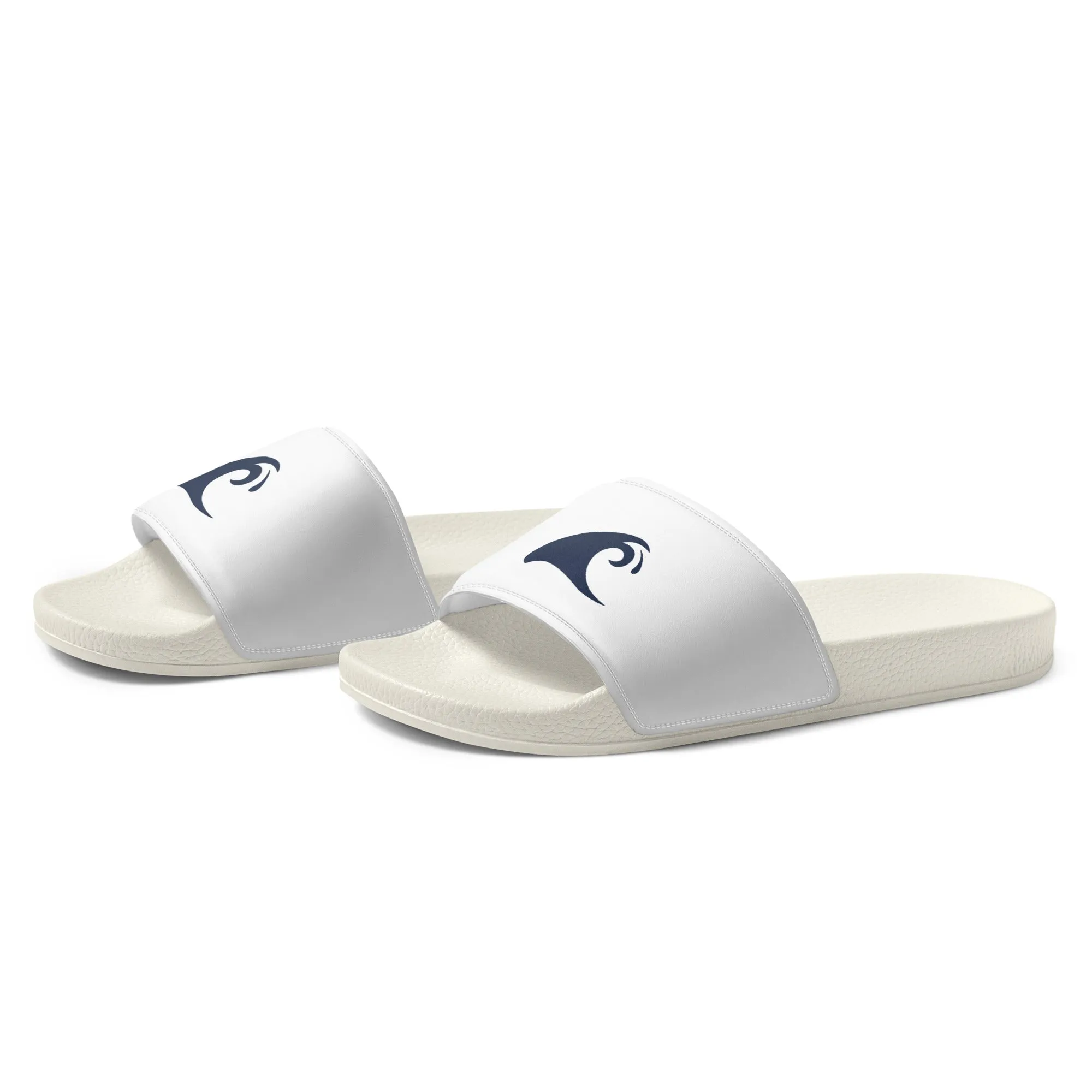 Extremely Stoked Navy Blue Epic Wave Logo on Women's White Slide Sandals