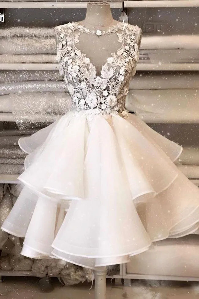 Ivory Two Layers Sleeveless Open Back Homecoming Dress with Flowers UQH0023