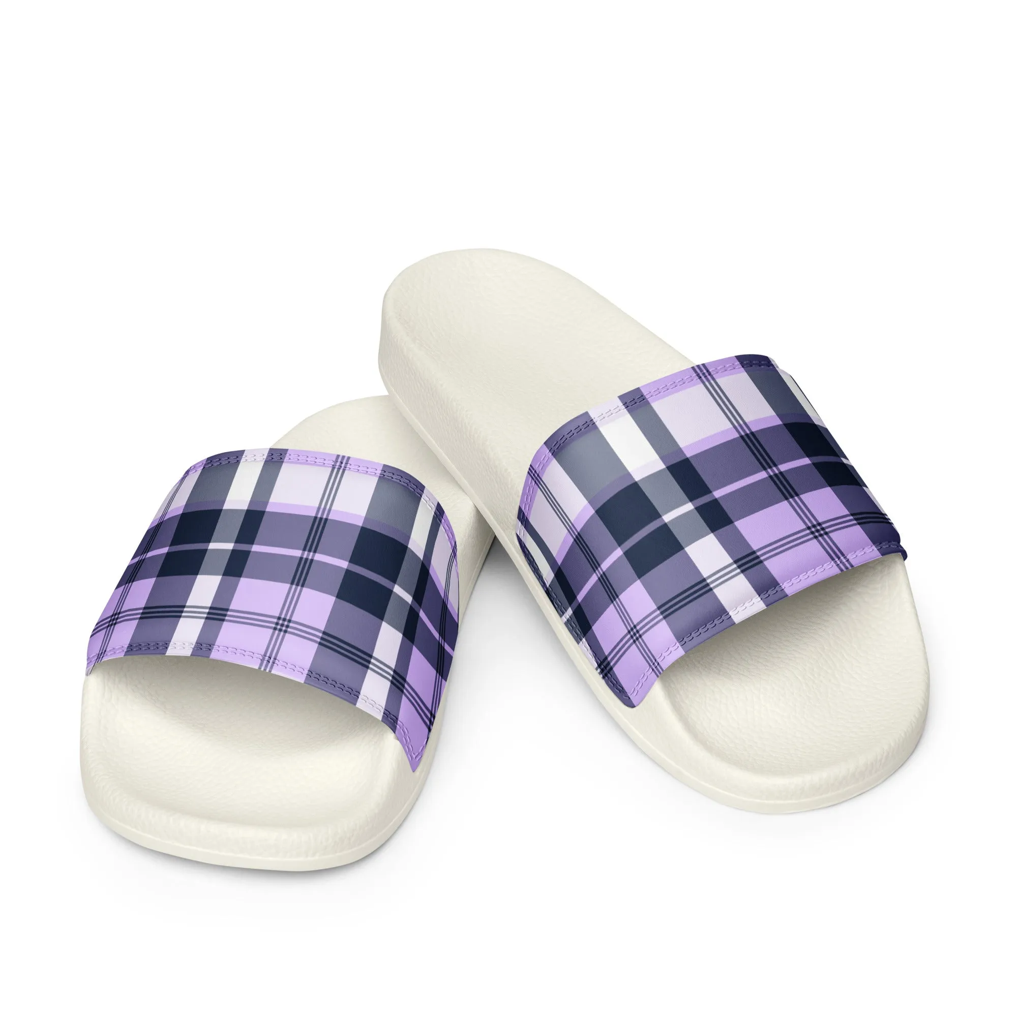 Lavender and Navy Blue Preppy Surfer Plaid Men’s Slides Sandals