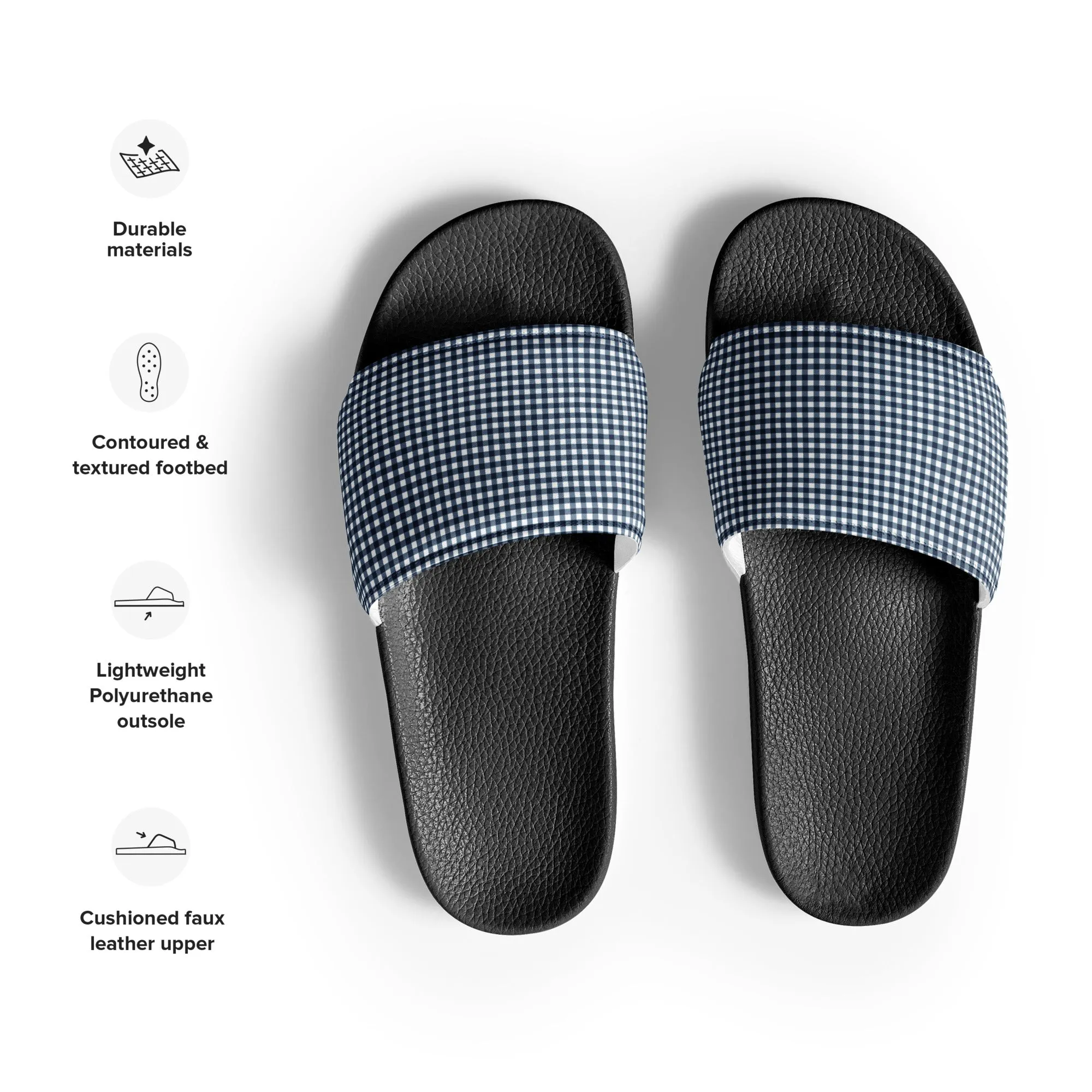 Navy Blue and White Gingham Check Women’s Slide Sandals