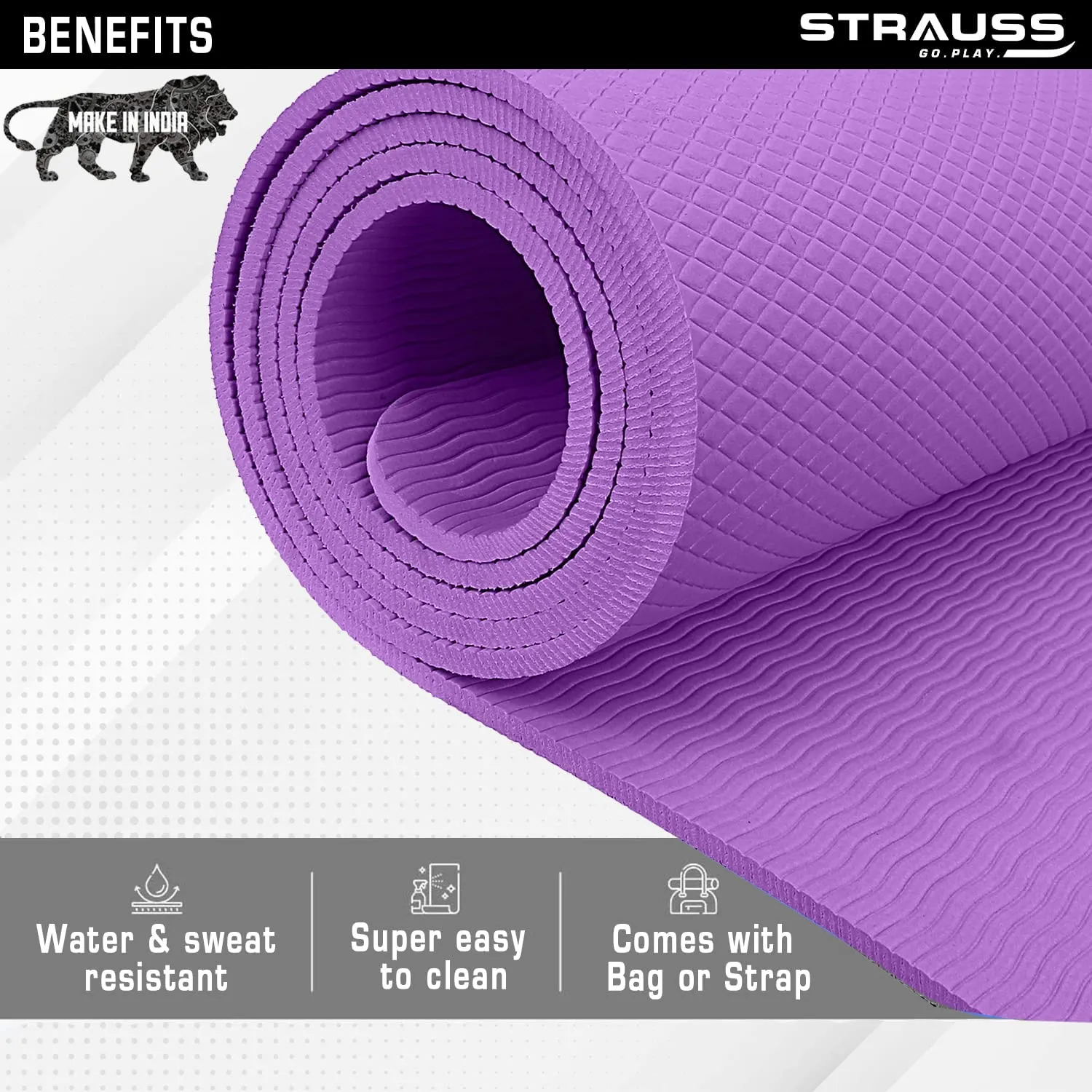 Strauss Anti Skid EVA Yoga Mat with Carry Strap, 4mm, (Purple)