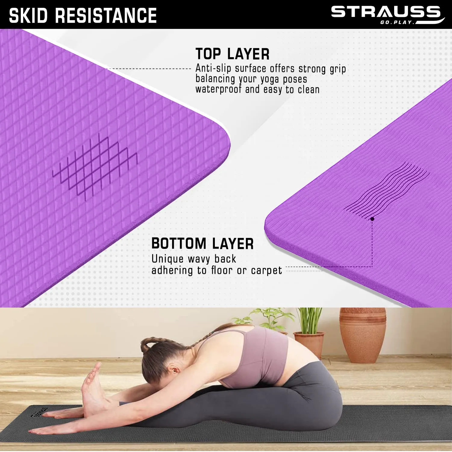 Strauss Anti Skid EVA Yoga Mat with Carry Strap, 4mm, (Purple)