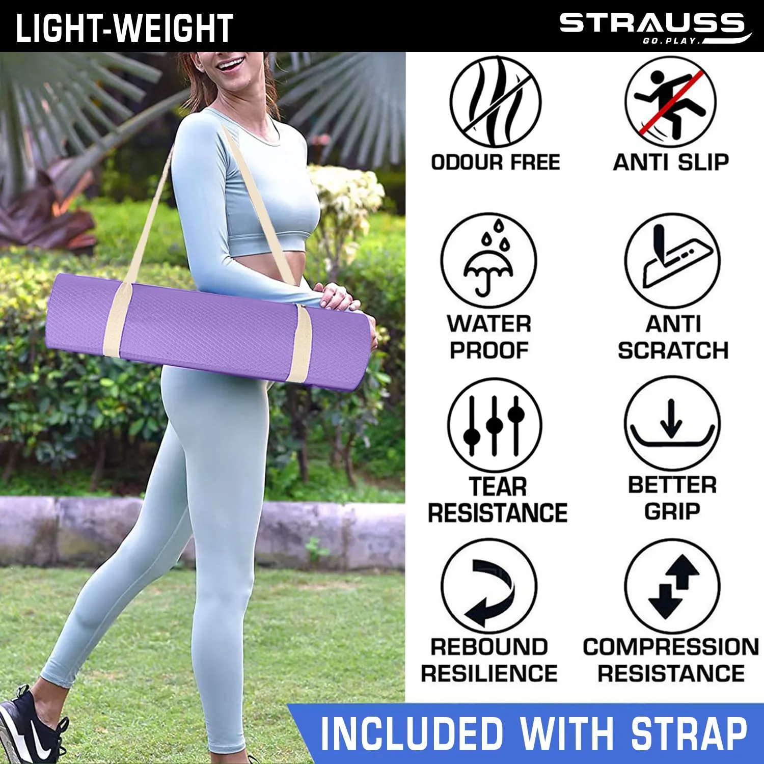Strauss Anti Skid EVA Yoga Mat with Carry Strap, 4mm, (Purple)