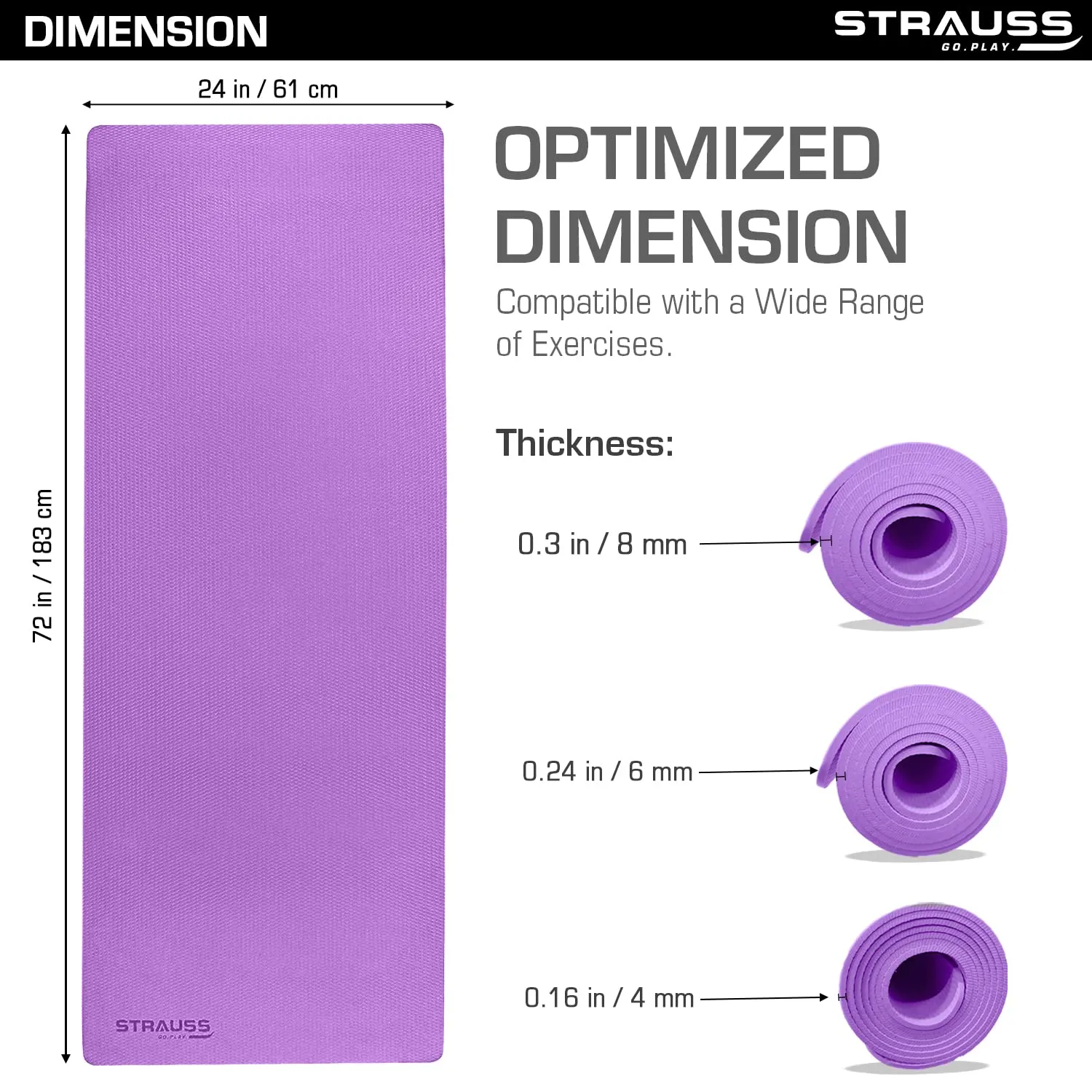 Strauss Anti Skid EVA Yoga Mat with Carry Strap, 4mm, (Purple)