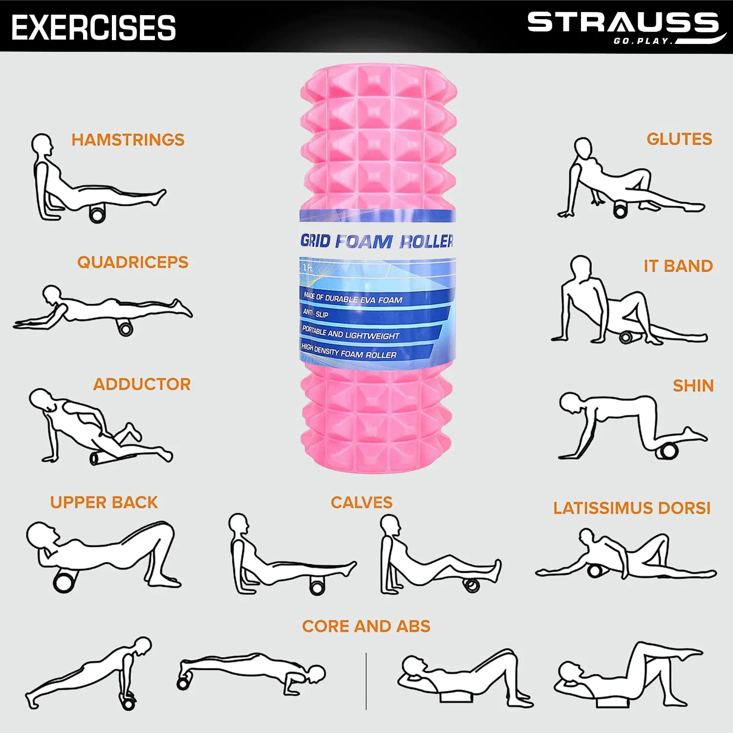 Strauss Grid Foam Roller | Eco-Friendly Spikes Foam Roller | Premium Eva Foam | Light Weight & Travel-Friendly Foam Roller for Relieve Muscle Tightness, Soreness & Inflammation,45 CM (Pink)