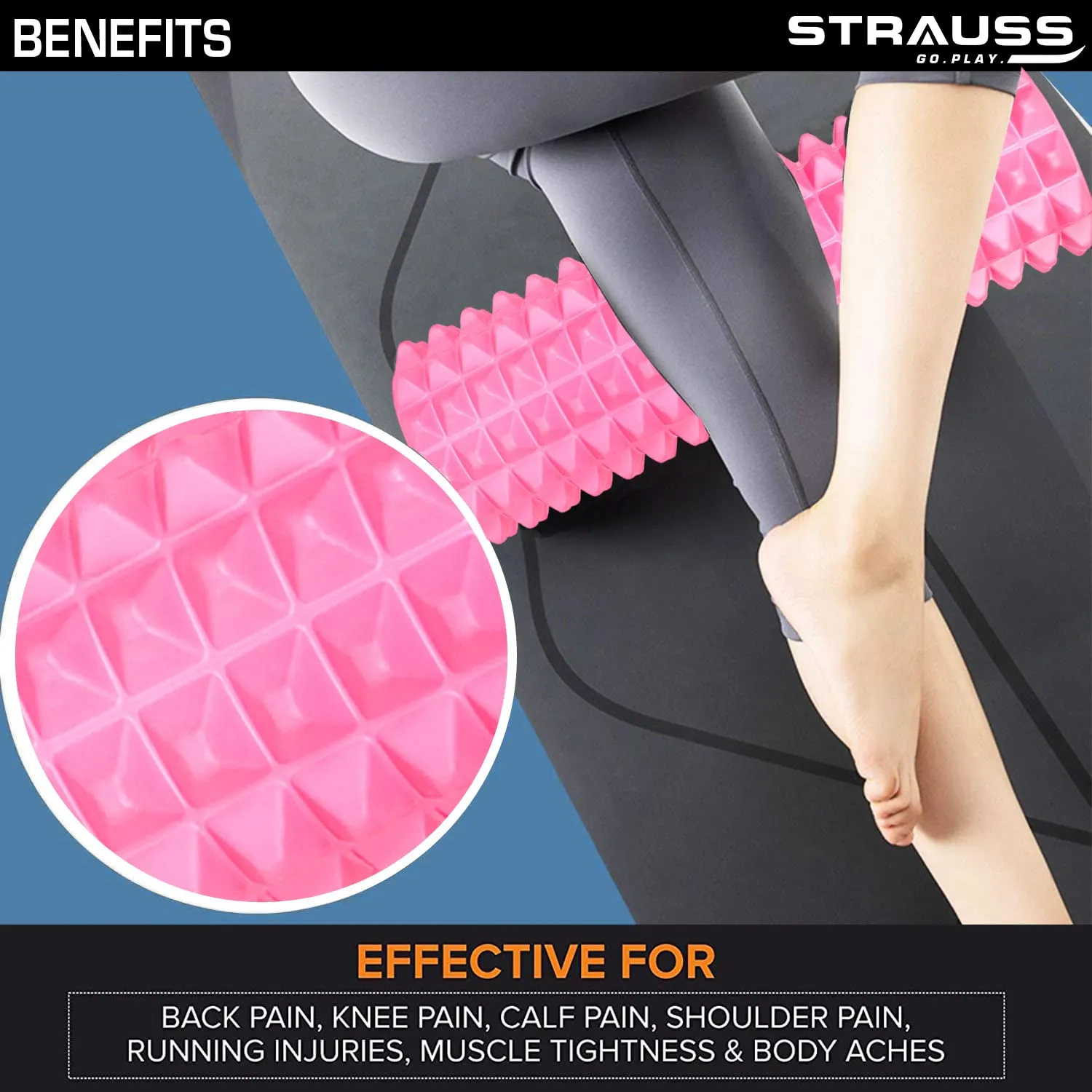 Strauss Grid Foam Roller | Eco-Friendly Spikes Foam Roller | Premium Eva Foam | Light Weight & Travel-Friendly Foam Roller for Relieve Muscle Tightness, Soreness & Inflammation,45 CM (Pink)