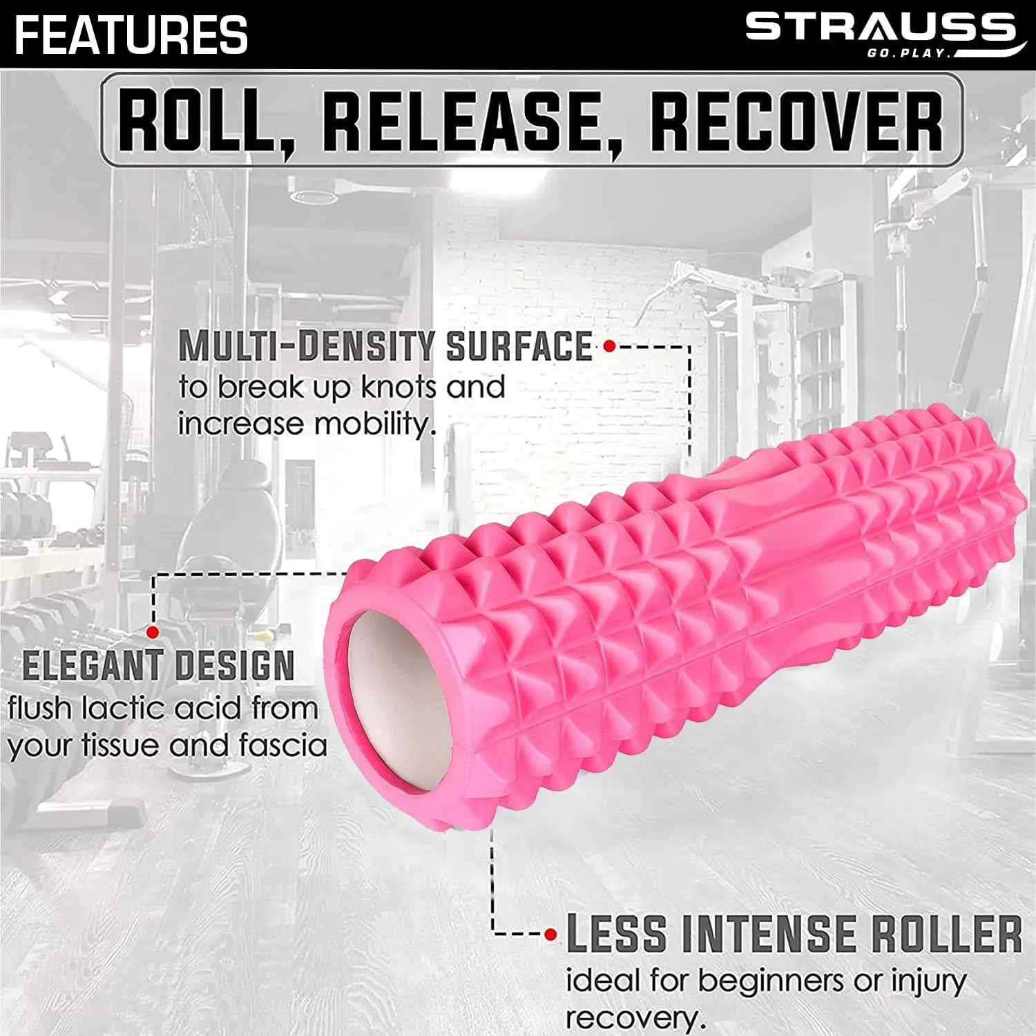Strauss Grid Foam Roller | Eco-Friendly Spikes Foam Roller | Premium Eva Foam | Light Weight & Travel-Friendly Foam Roller for Relieve Muscle Tightness, Soreness & Inflammation,45 CM (Pink)