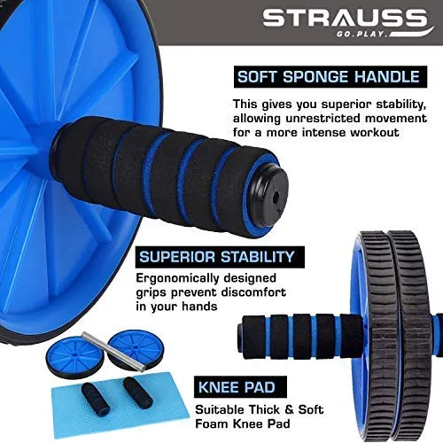 Strauss Yoga Knee Pad Cushions Pair, (Pink), Double Exercise Wheel (Blue)