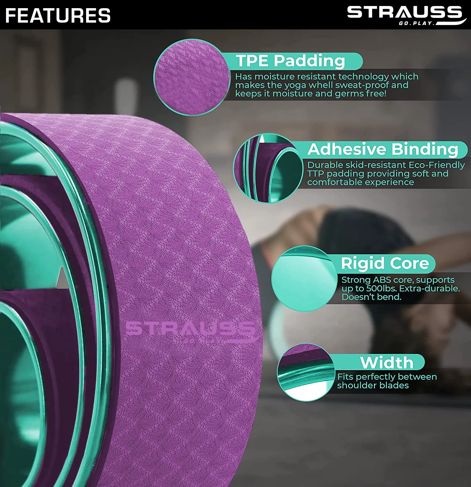 Strauss Yoga Wheel | Ideal for Stretching, Backbends, Exercise, Deep Tissue Massage & Back Pain Relief | Dharma Yoga Prop Wheel with Ultimate Comfort  | Set Of 3, (Purple)