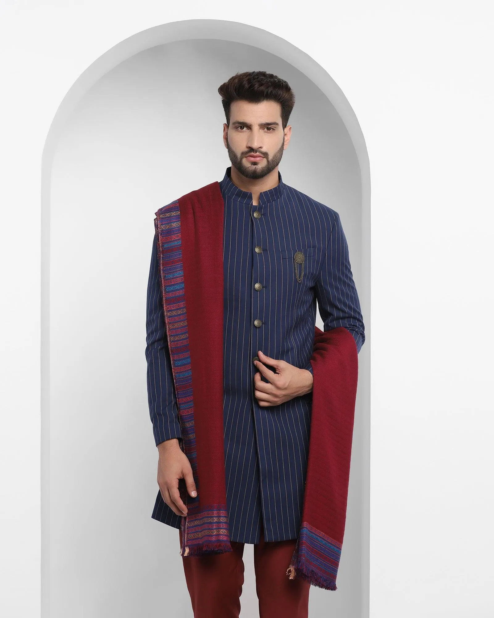 Swarn Two Piece Navy Striped Achkan Set - Emeral