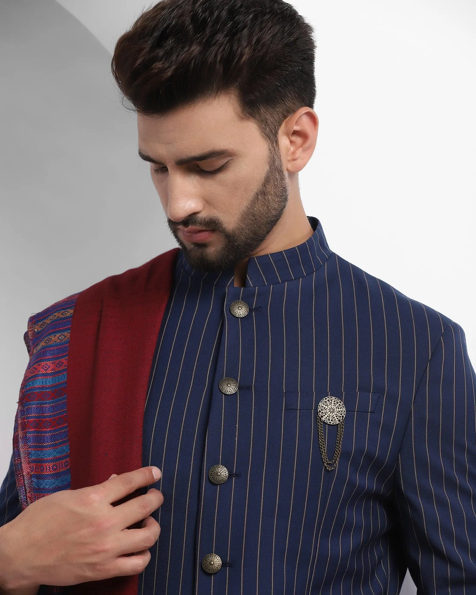 Swarn Two Piece Navy Striped Achkan Set - Emeral