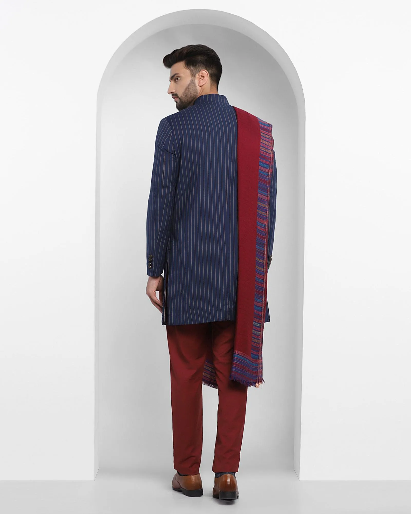 Swarn Two Piece Navy Striped Achkan Set - Emeral