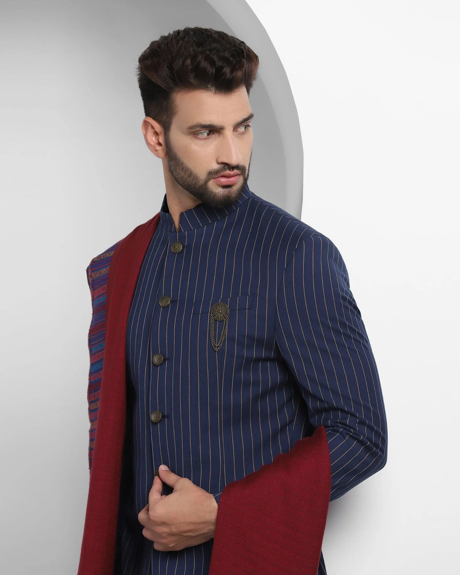 Swarn Two Piece Navy Striped Achkan Set - Emeral