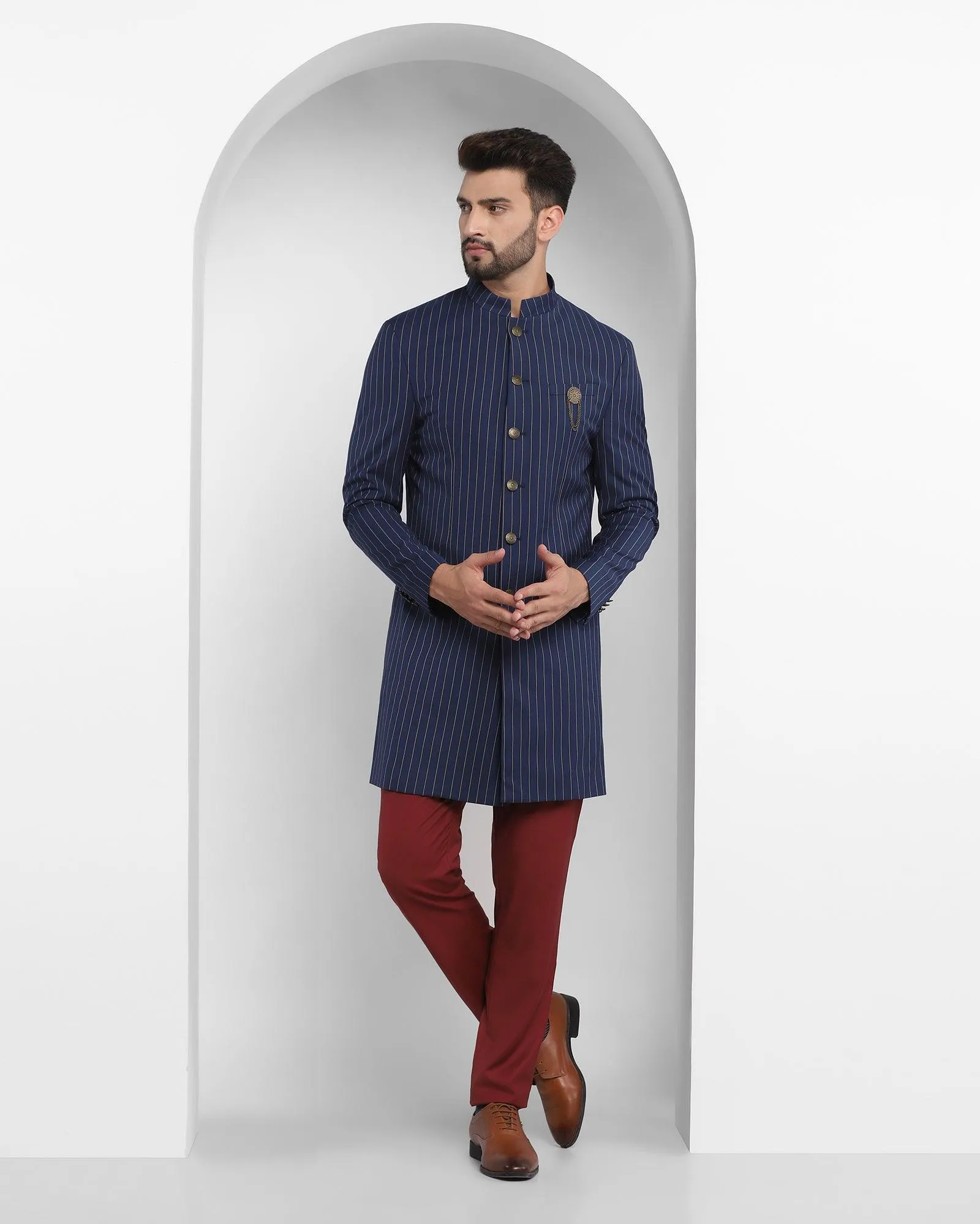 Swarn Two Piece Navy Striped Achkan Set - Emeral