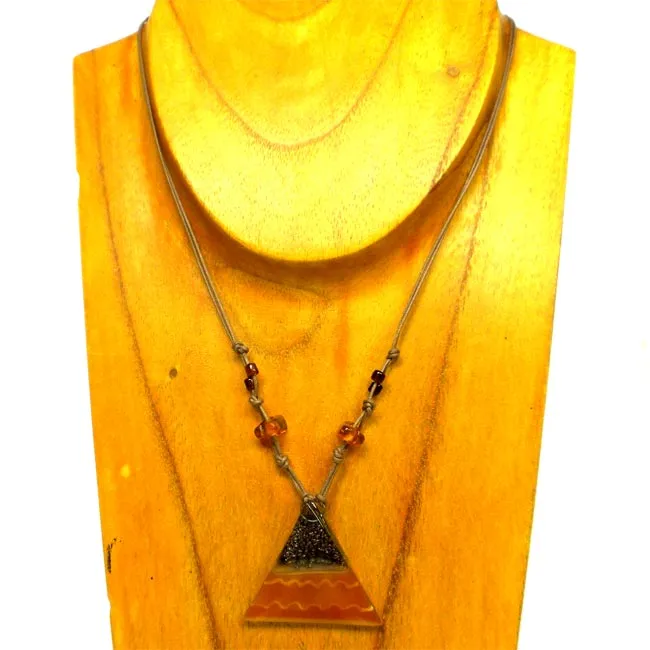 White Waves on Caramel Fused Glass Triangle Necklace Tili Glass